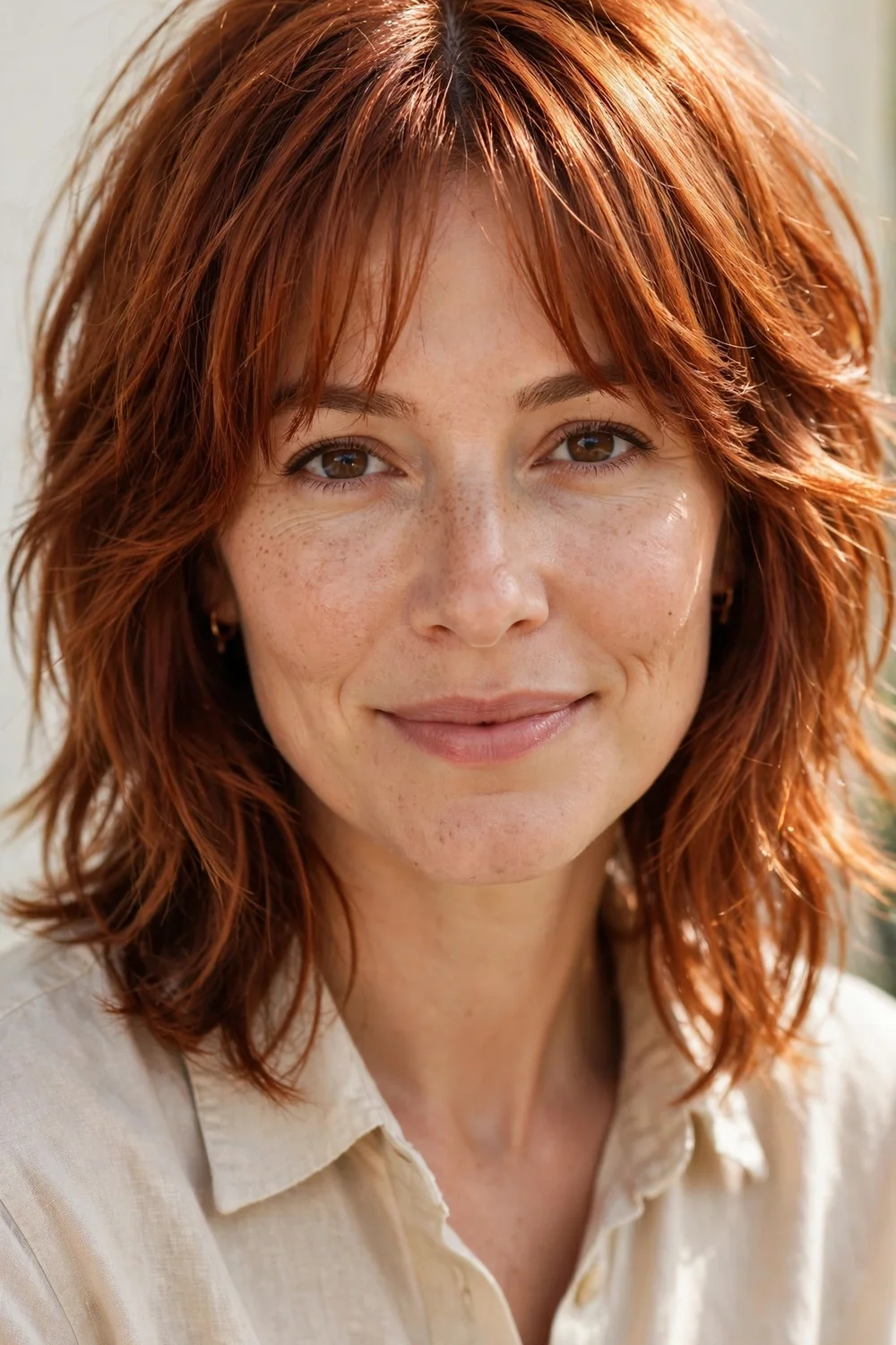 Copper colored shag haircut with wispy curtain bangs