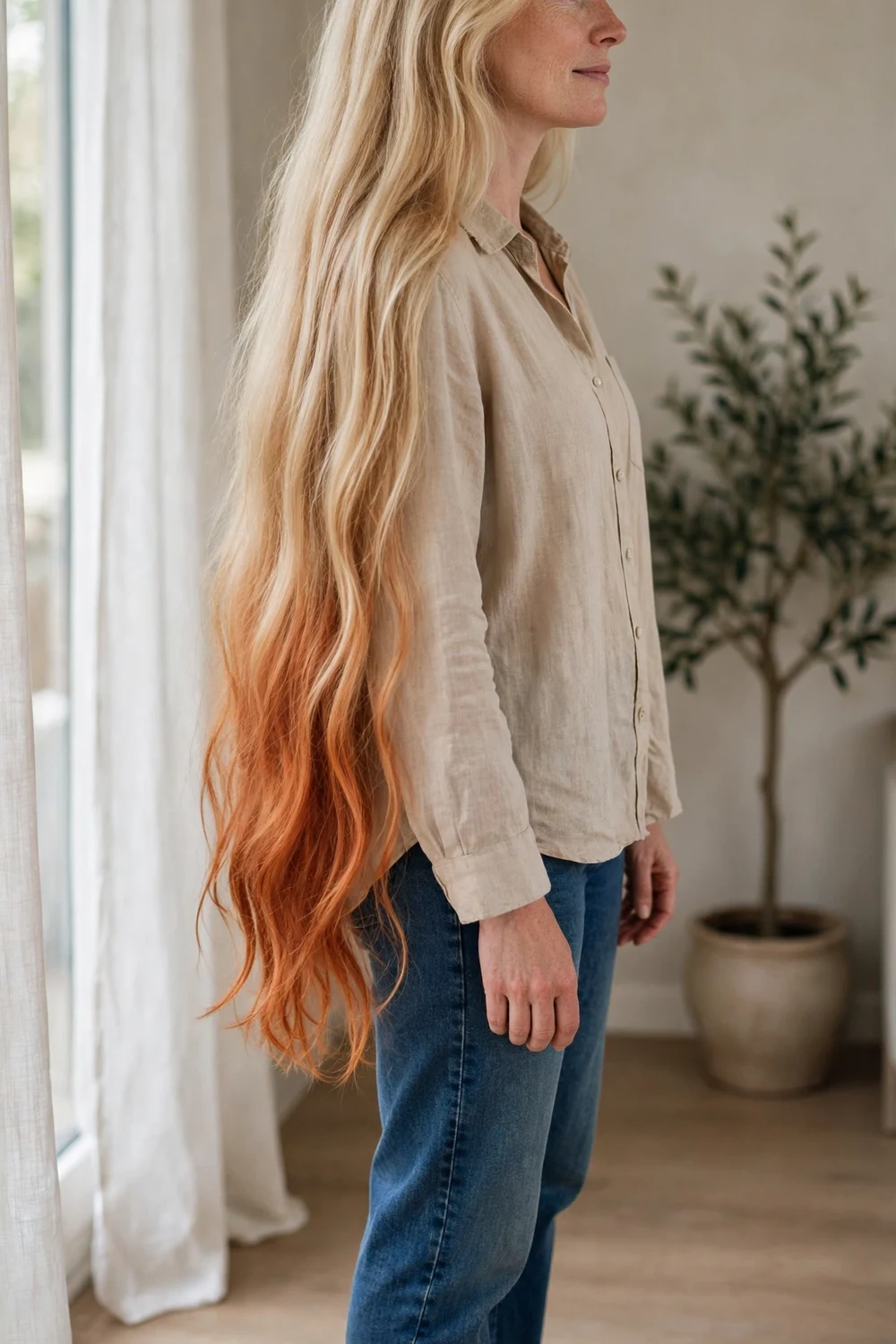 Dirty blonde long hair with copper-tipped ends
