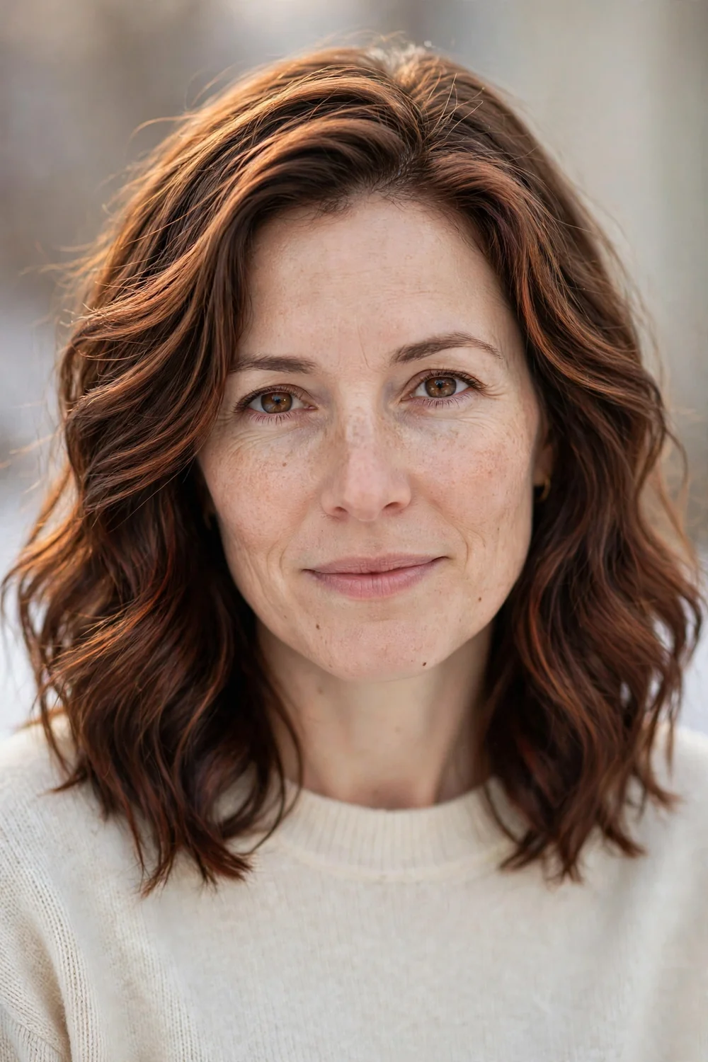 Woman with copper and auburn highlighted waves on brown hair, natural daylight