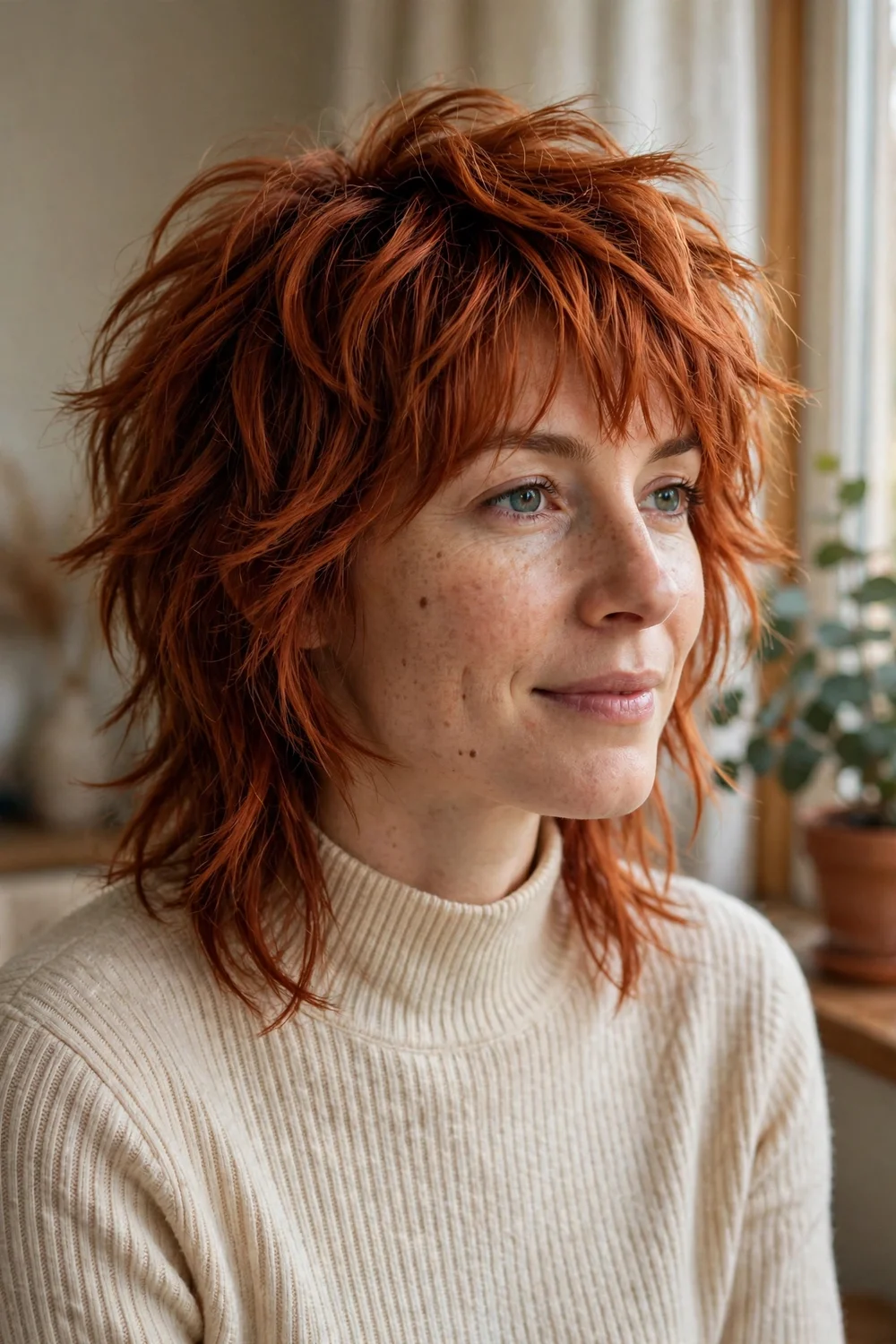 Copper wolf cut hairstyle with warm copper tones and textured layers