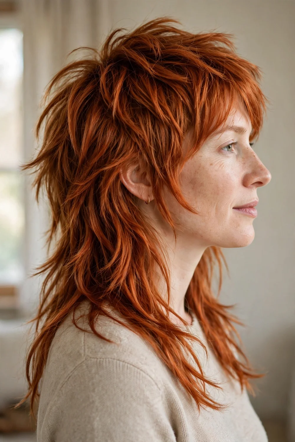 Copper wolf cut with vivid color and layered texture on copper long hair