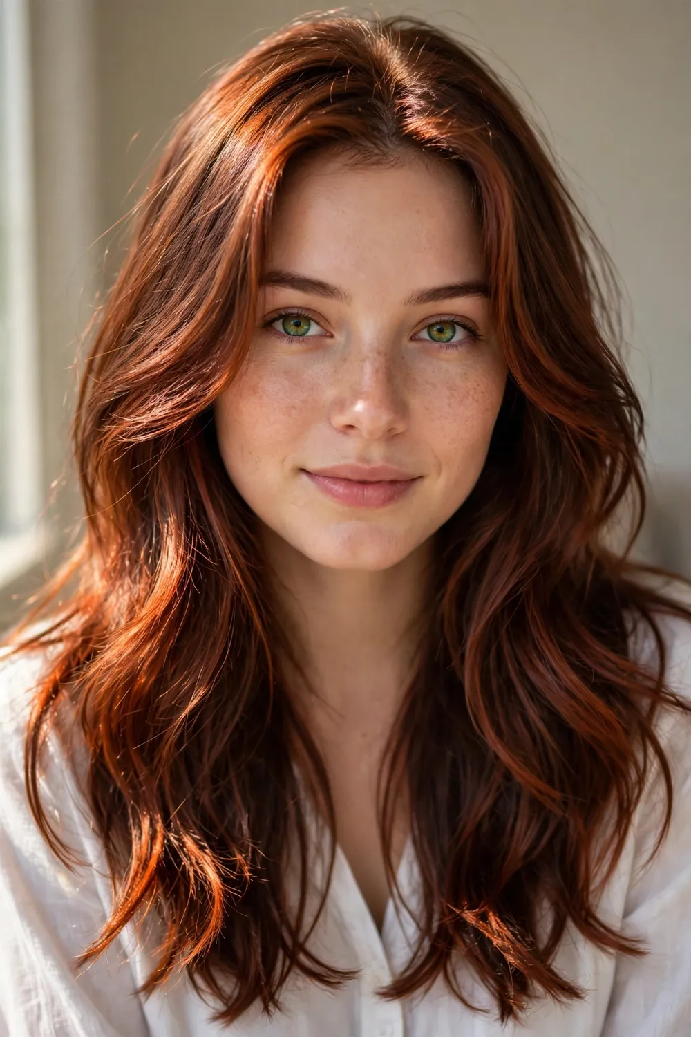 Coppery chestnut brown hair with bright copper warmth