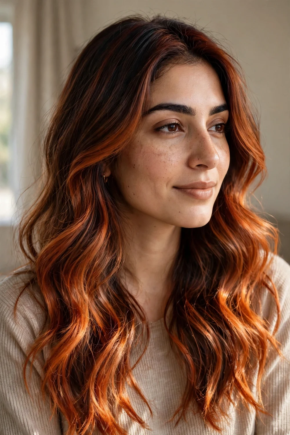 Spicy red copper balayage on long wavy dark red-brown hair