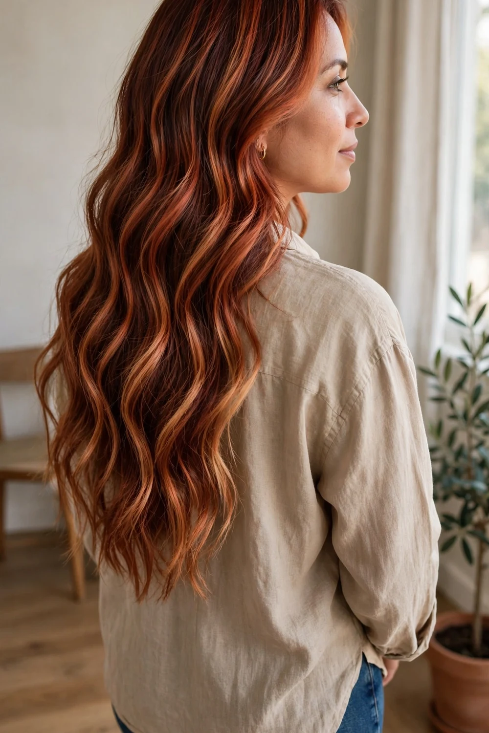 Long wavy hair with coppery red balayage ribbons