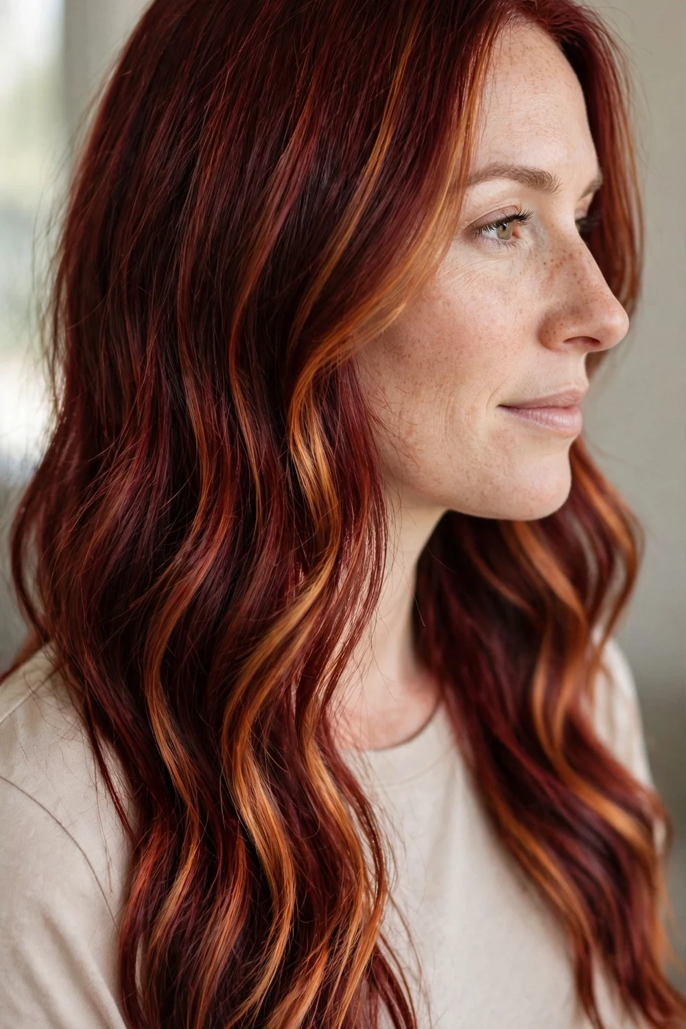 Deep red hair with copper balayage highlights