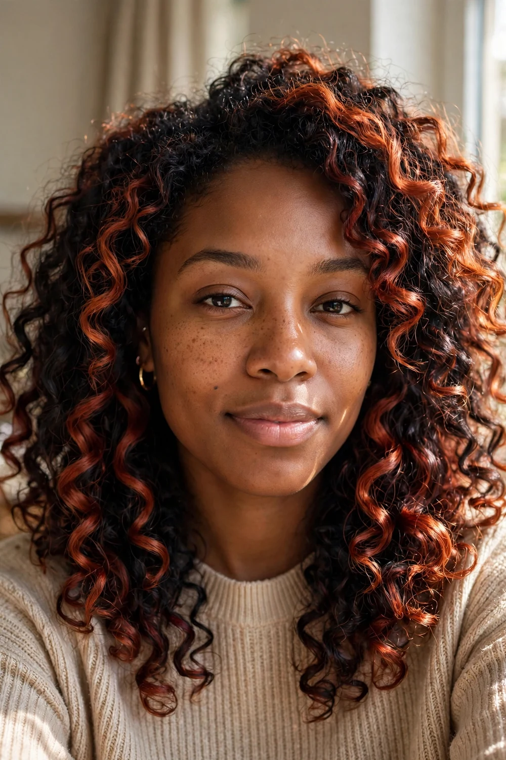 Warm red and copper balayage tones on curly hair
