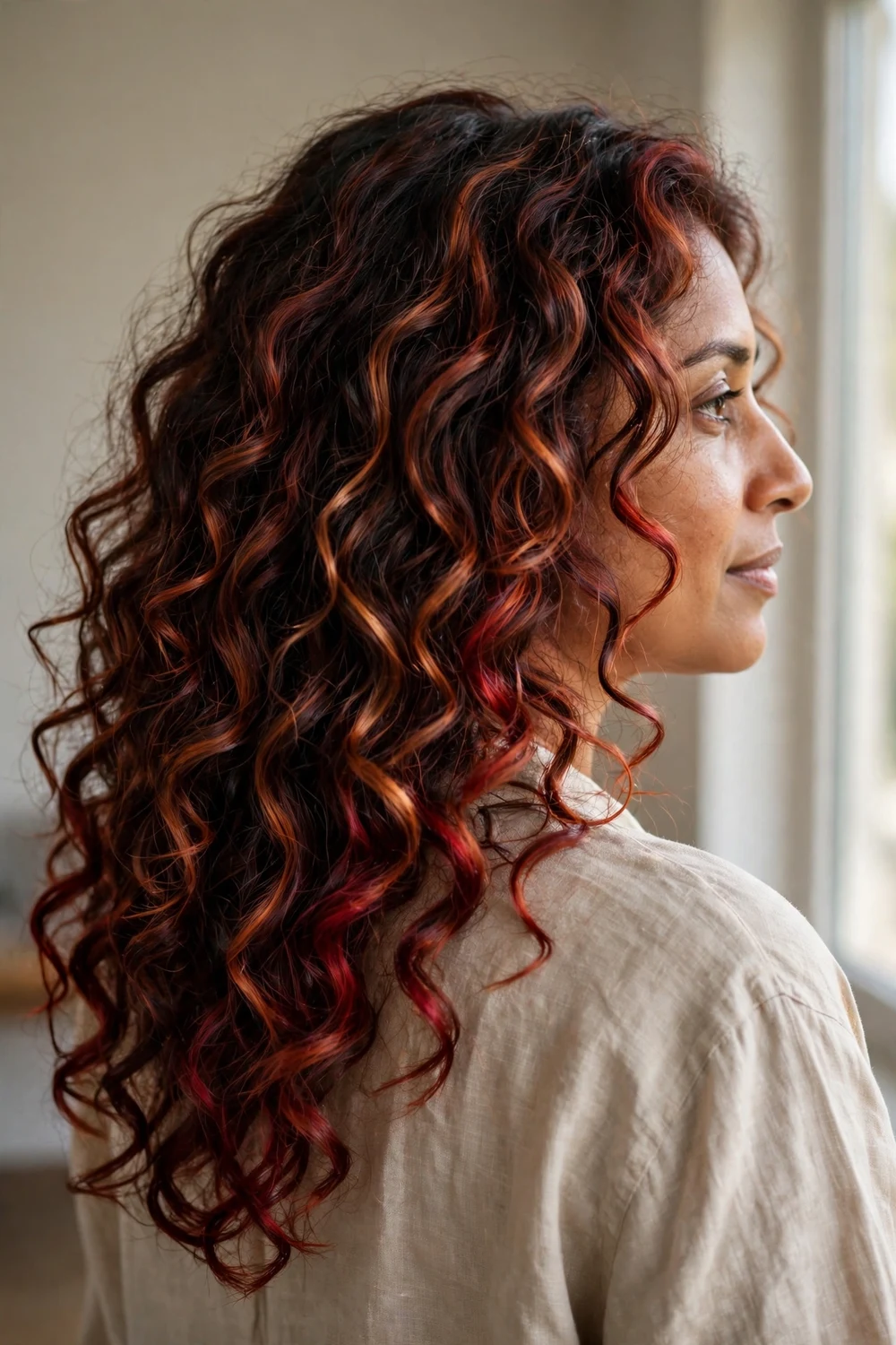 Intense copper bronze balayage on dark auburn curls