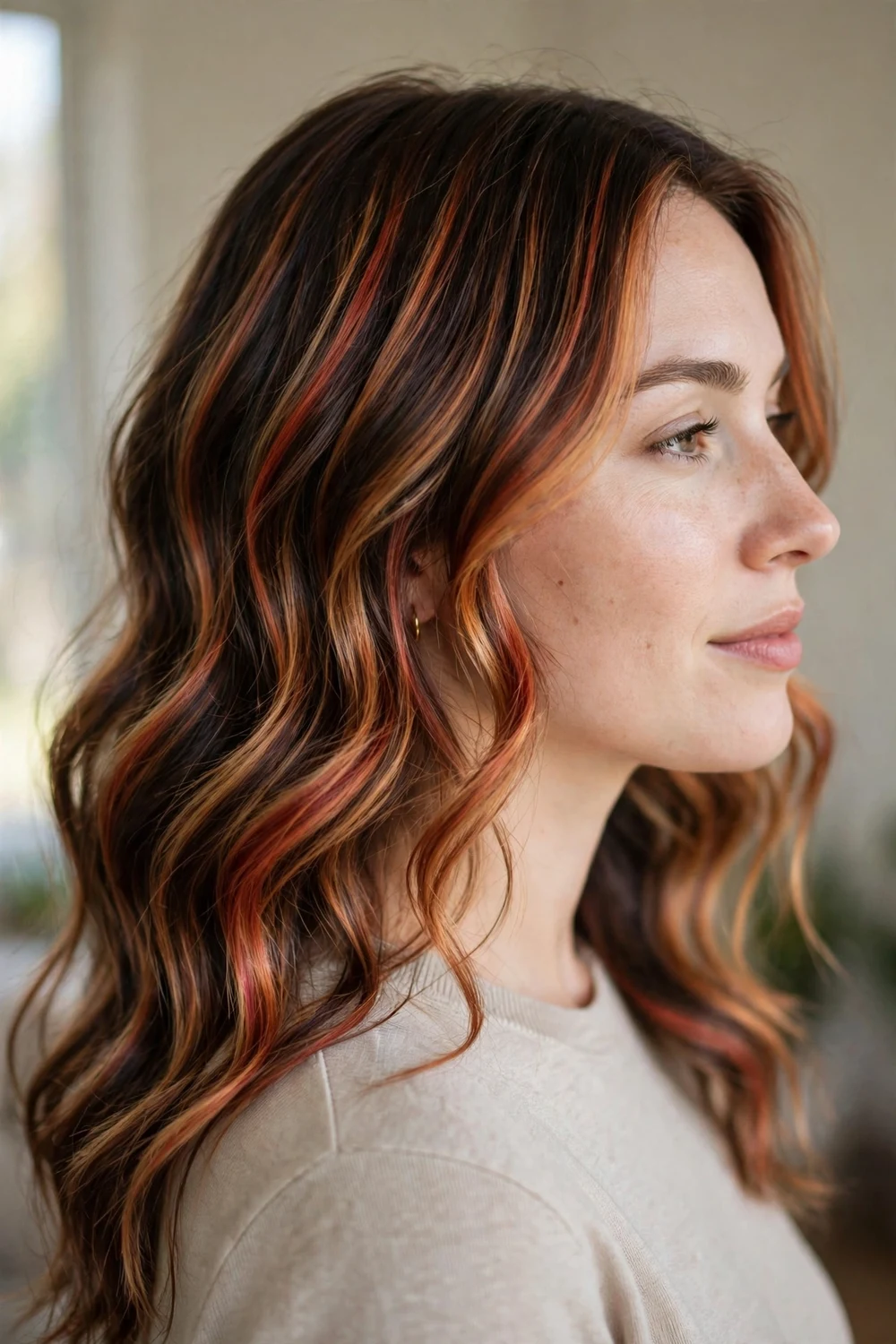 Copper ginger dimensional red balayage on dark brown hair