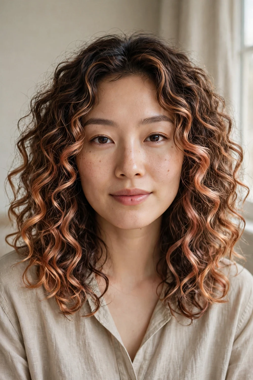 Copper rose gold balayage curls on brown base