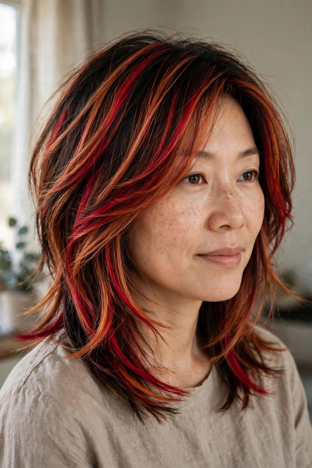 Crimson and copper balayage on layered medium hair