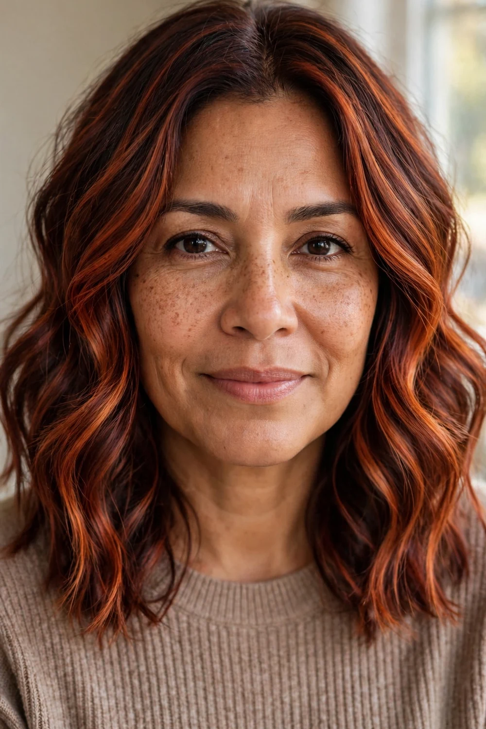 Vivid mahogany copper balayage with relaxed waves