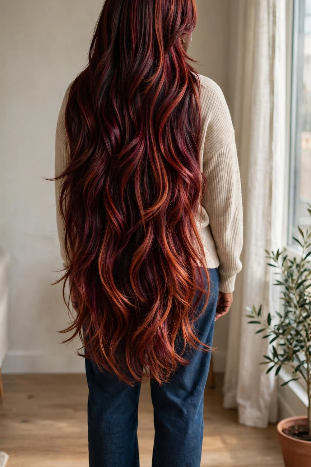 Rich burgundy balayage with warm copper red tones on long hair