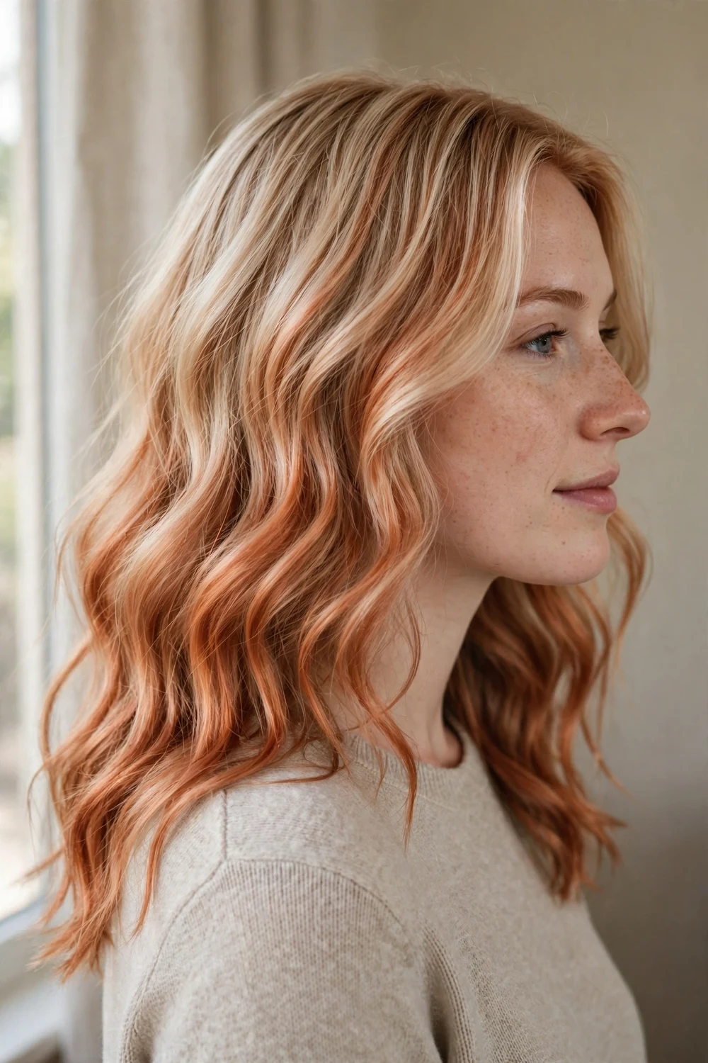 Strawberry copper balayage on fair skin with beach waves