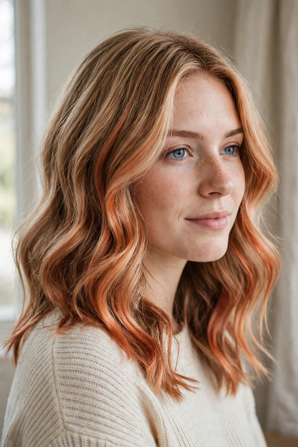 Sandy copper blended balayage in strawberry apricot tones