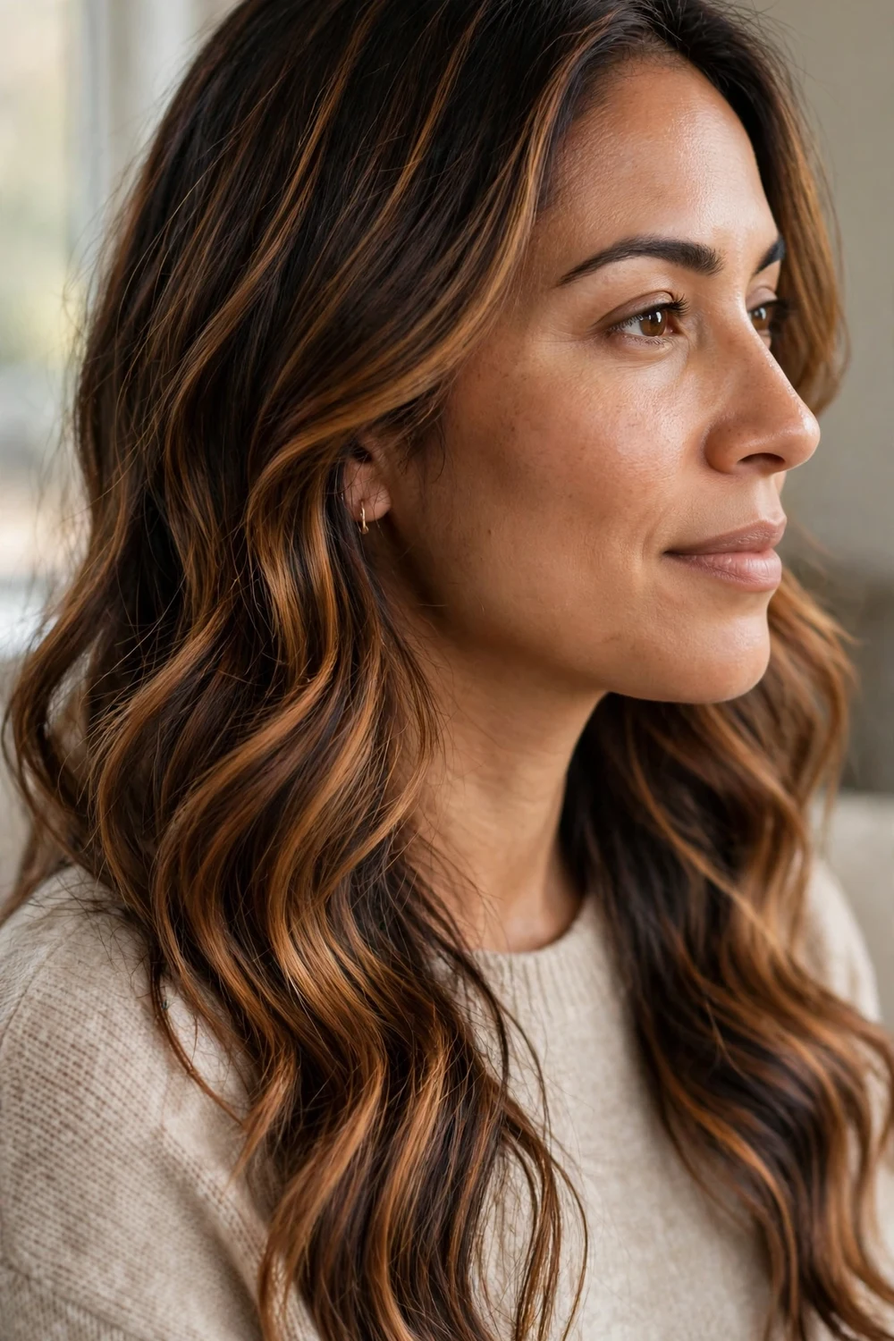 Cozy caramel copper balayage on bronze brown hair