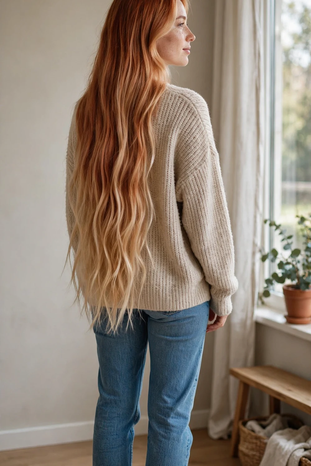 Copper strawberry blonde balayage melt from back view