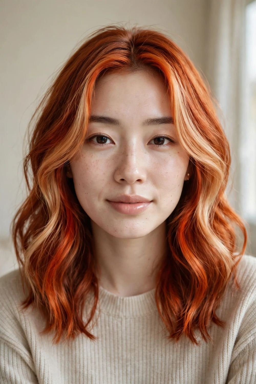Light butterscotch money pieces on copper hair