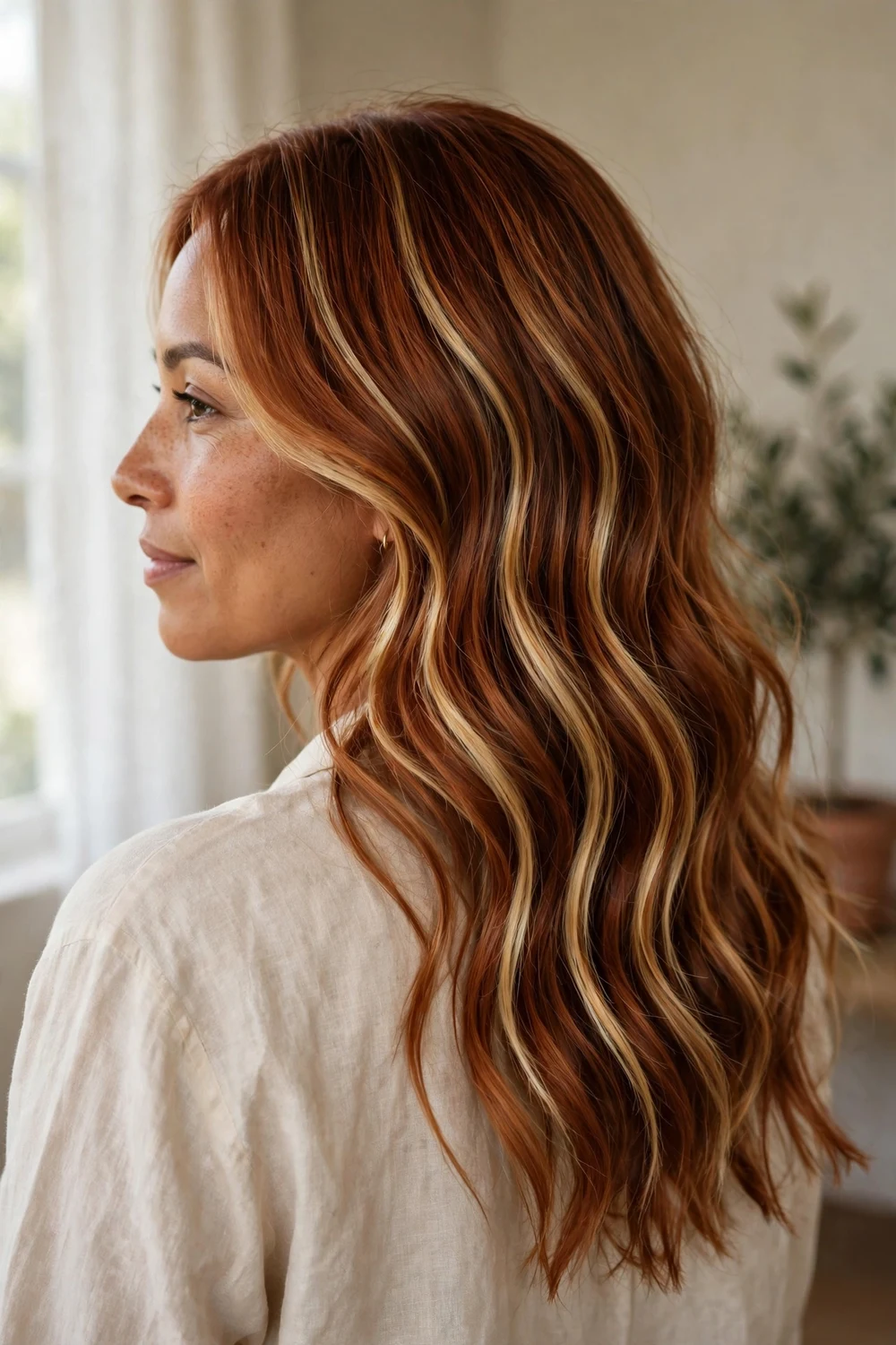 Copper waves with bright blonde balayage highlights