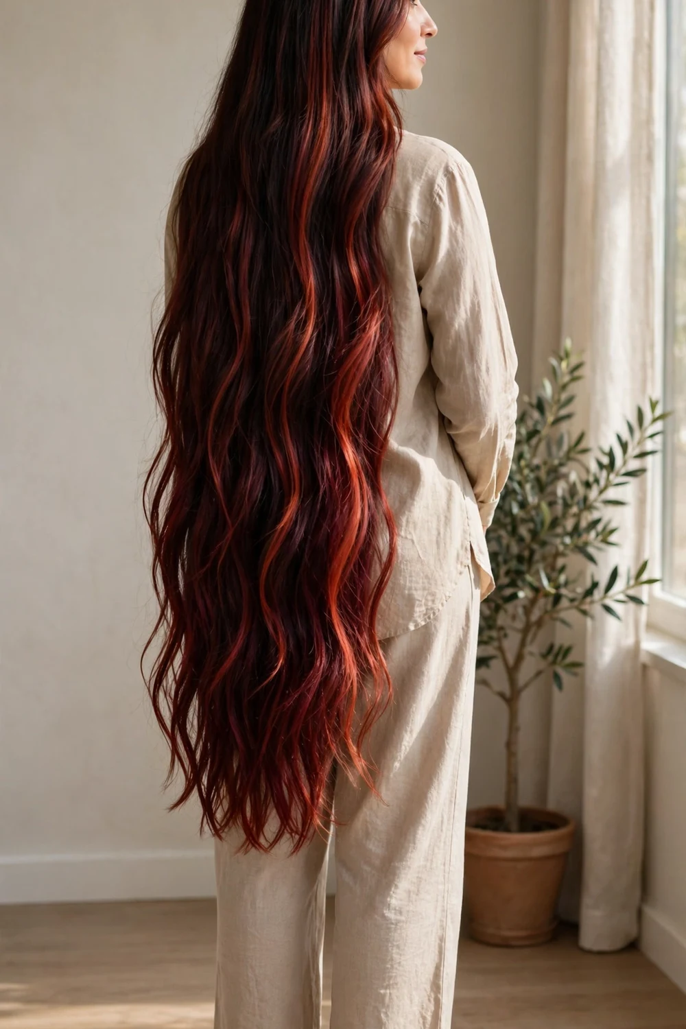 Deep copper balayage on long brunette hair from behind