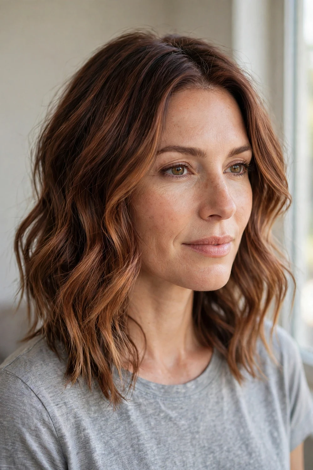 Faded copper brown balayage with lived-in waves