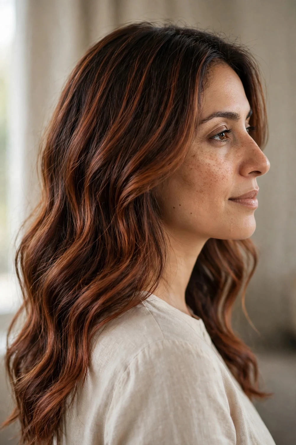 Chestnut copper balayage on olive skin