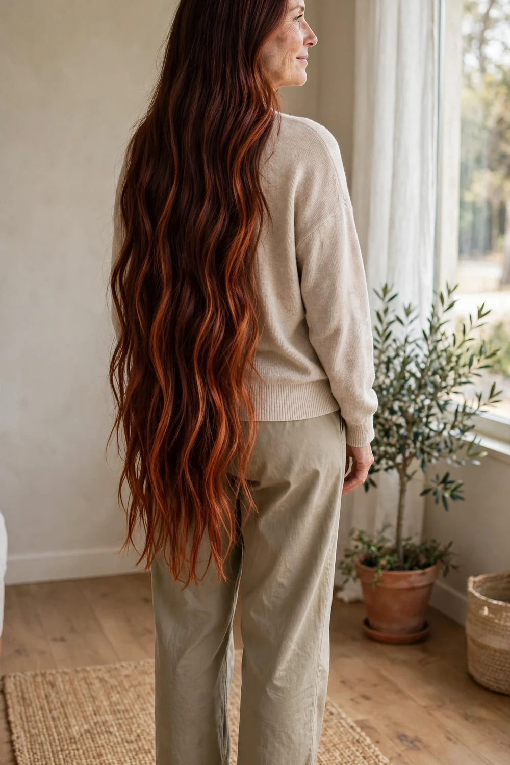 Red copper balayage tones on dark mahogany hair