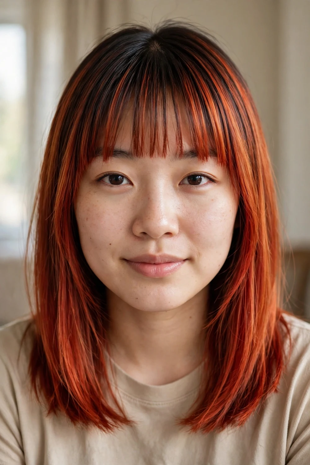Bright copper red balayage with bangs