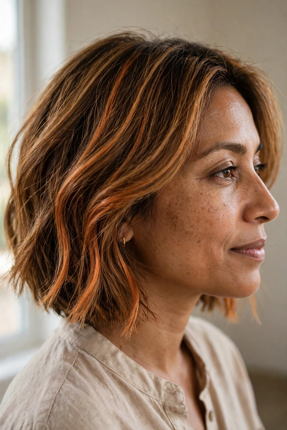 Textured bob with vivid copper mid-shaft balayage