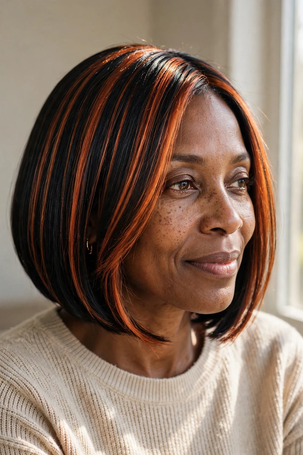 Sleek bob with fiery copper highlights