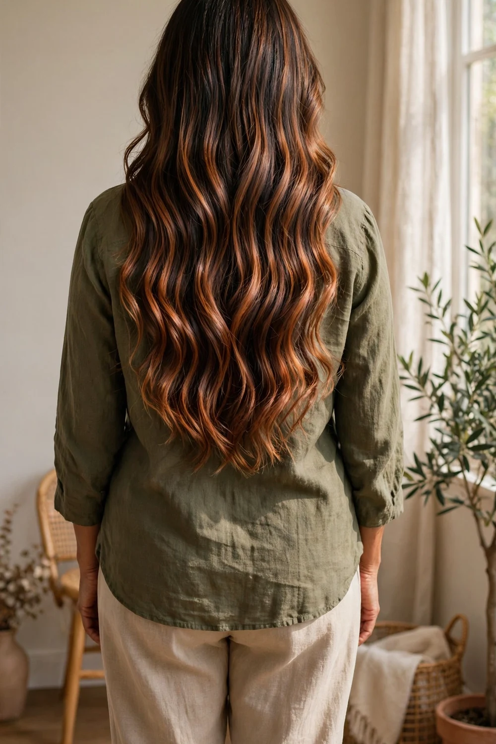 Copper brunette balayage on dark brown hair from behind