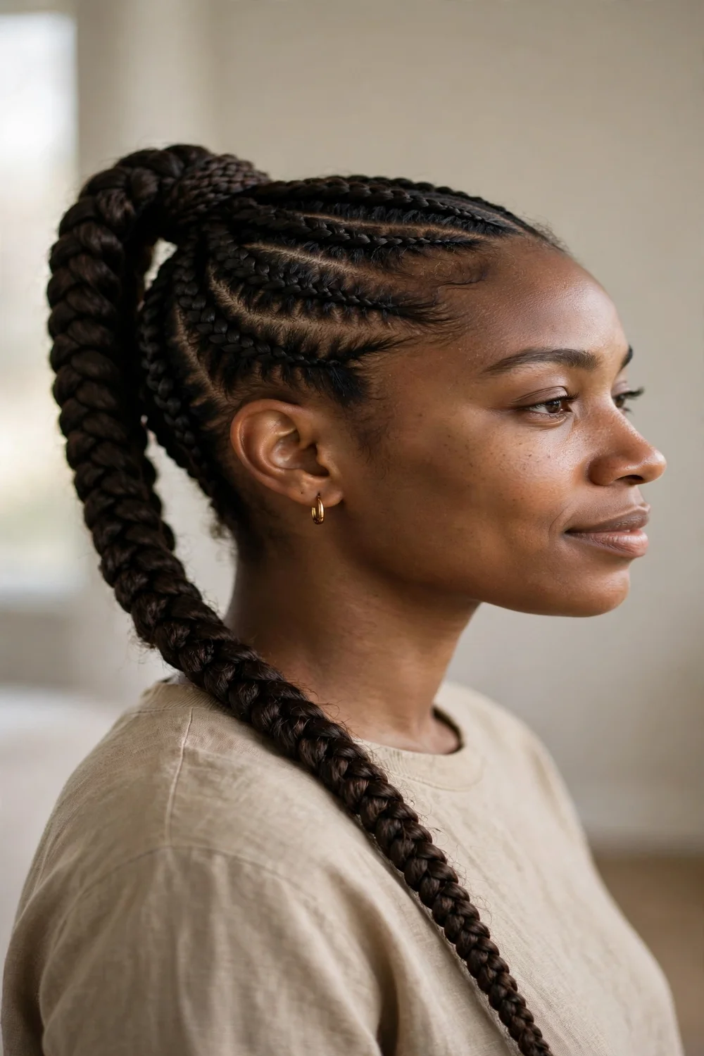 Cornrows leading into a high ponytail