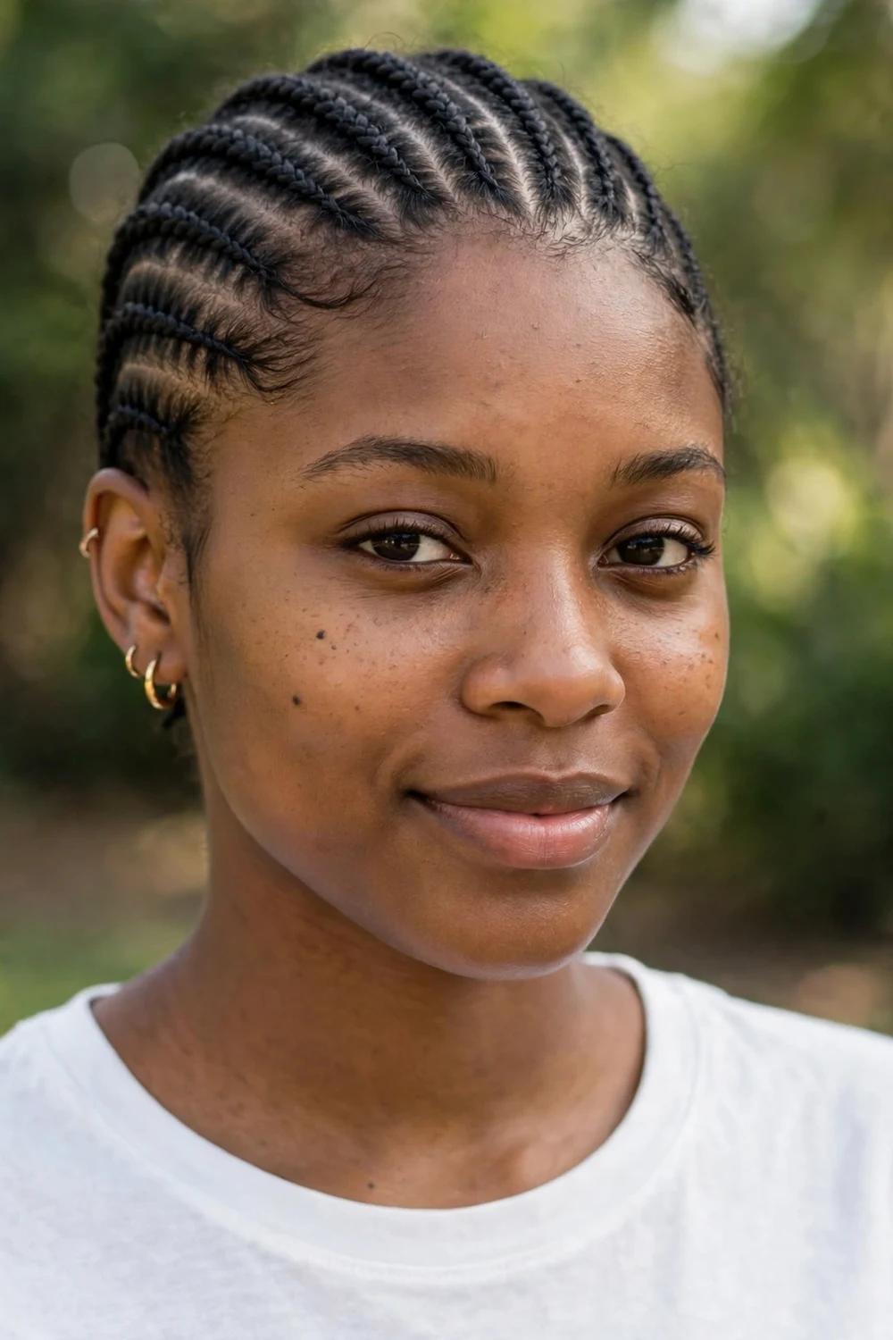 Woman with neat cornrows braided close to the scalp