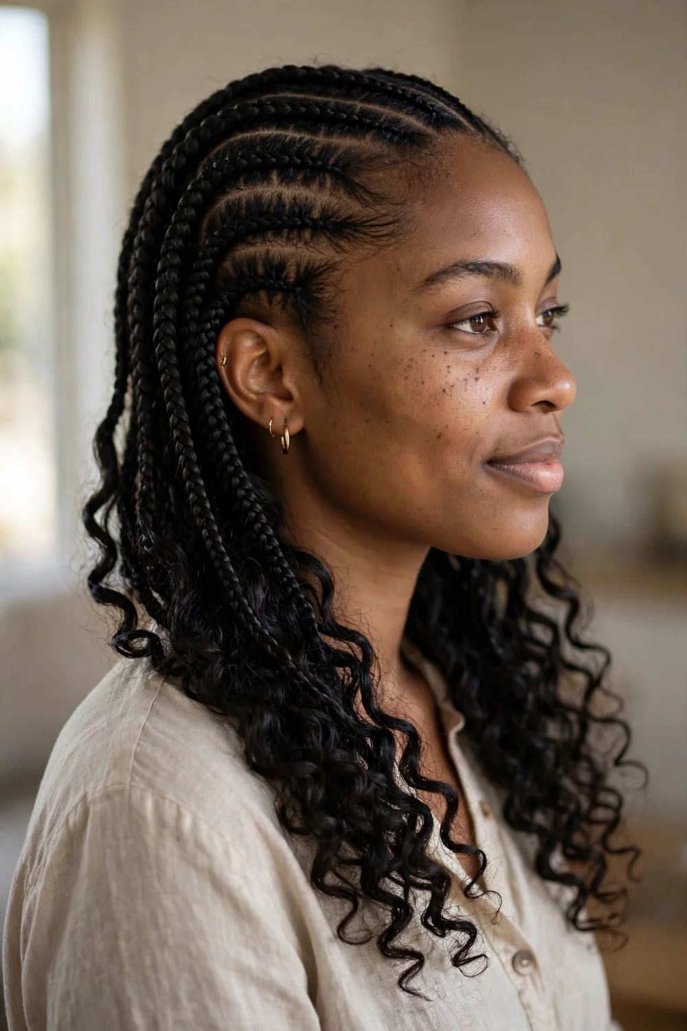 Cornrows transitioning into loose curly ends