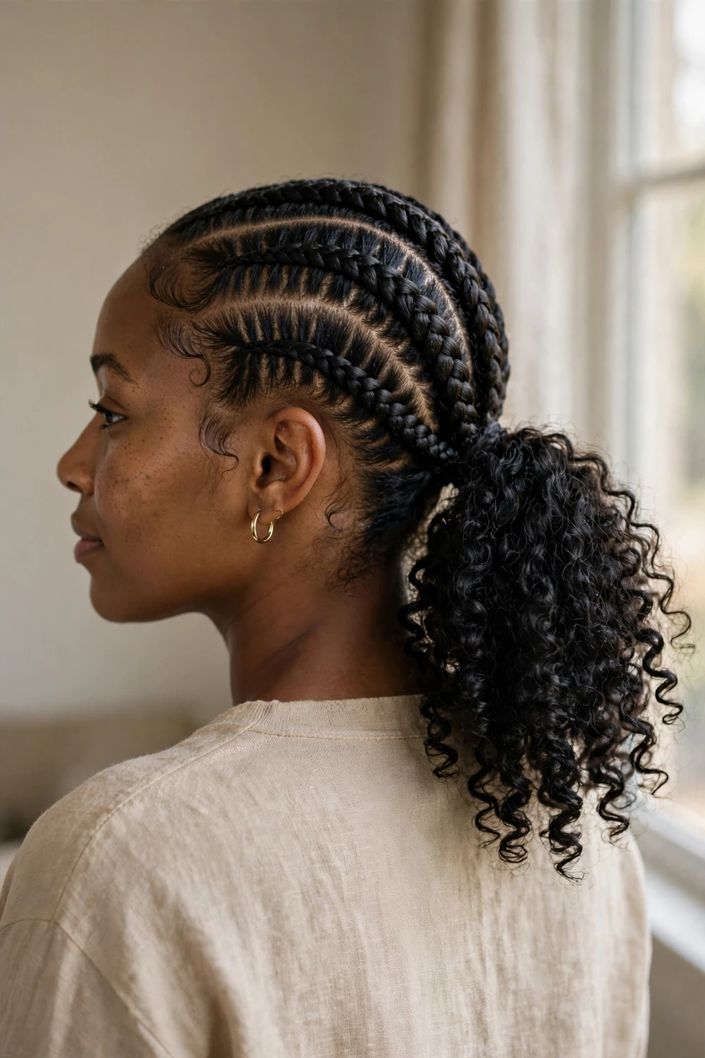 Neat cornrows at the front leading into a curly mid-height ponytail with styled baby hairs