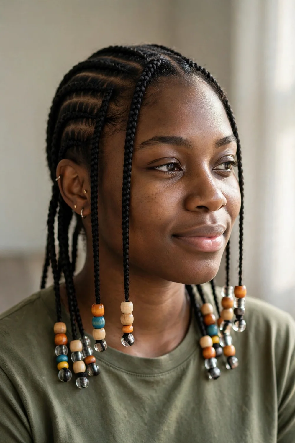 Cornrows with colorful beads at the ends