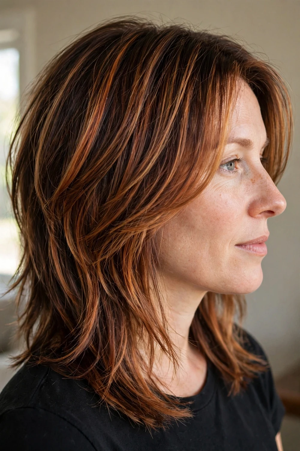 Cowboy copper balayage on a medium layered haircut