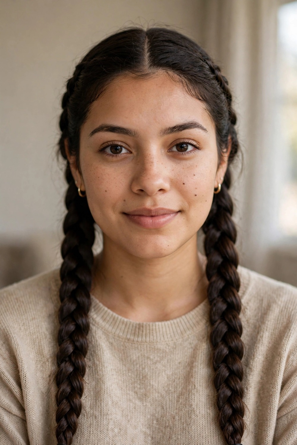 Woman with classic twin braided pigtails for a cowgirl Halloween costume