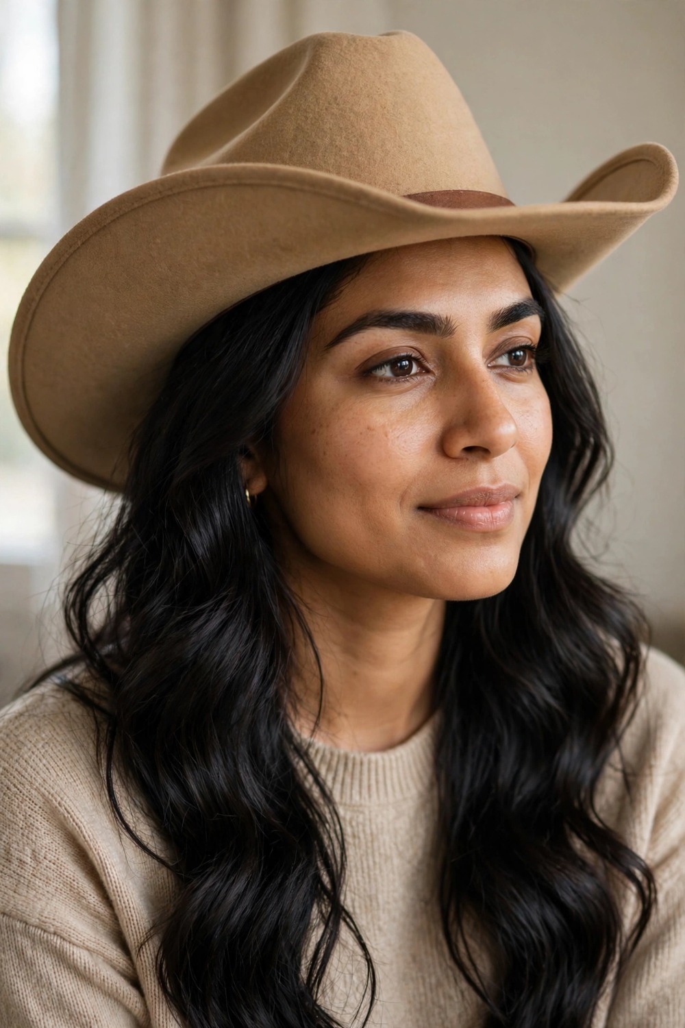 Woman with long loose waves wearing a cowboy hat