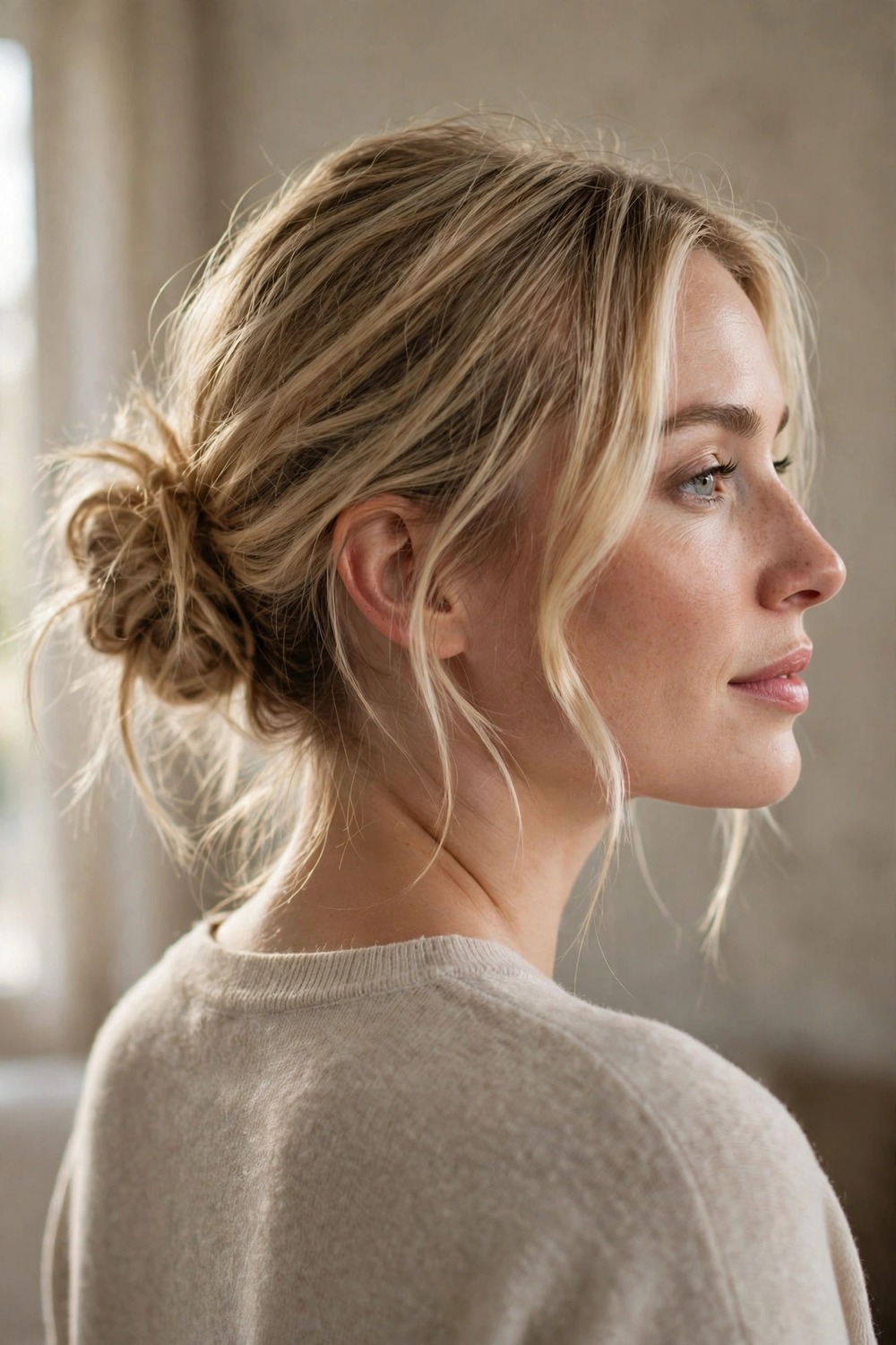 Messy bun with face-framing strands for a cowgirl costume