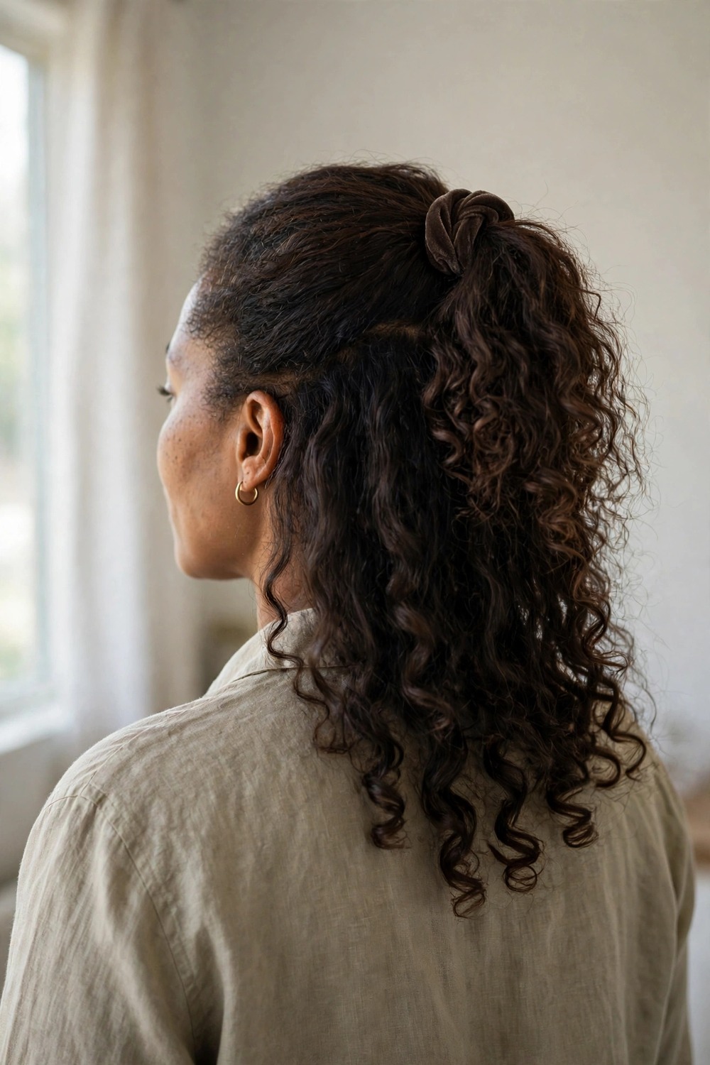 Half-up half-down hairstyle with curly ends
