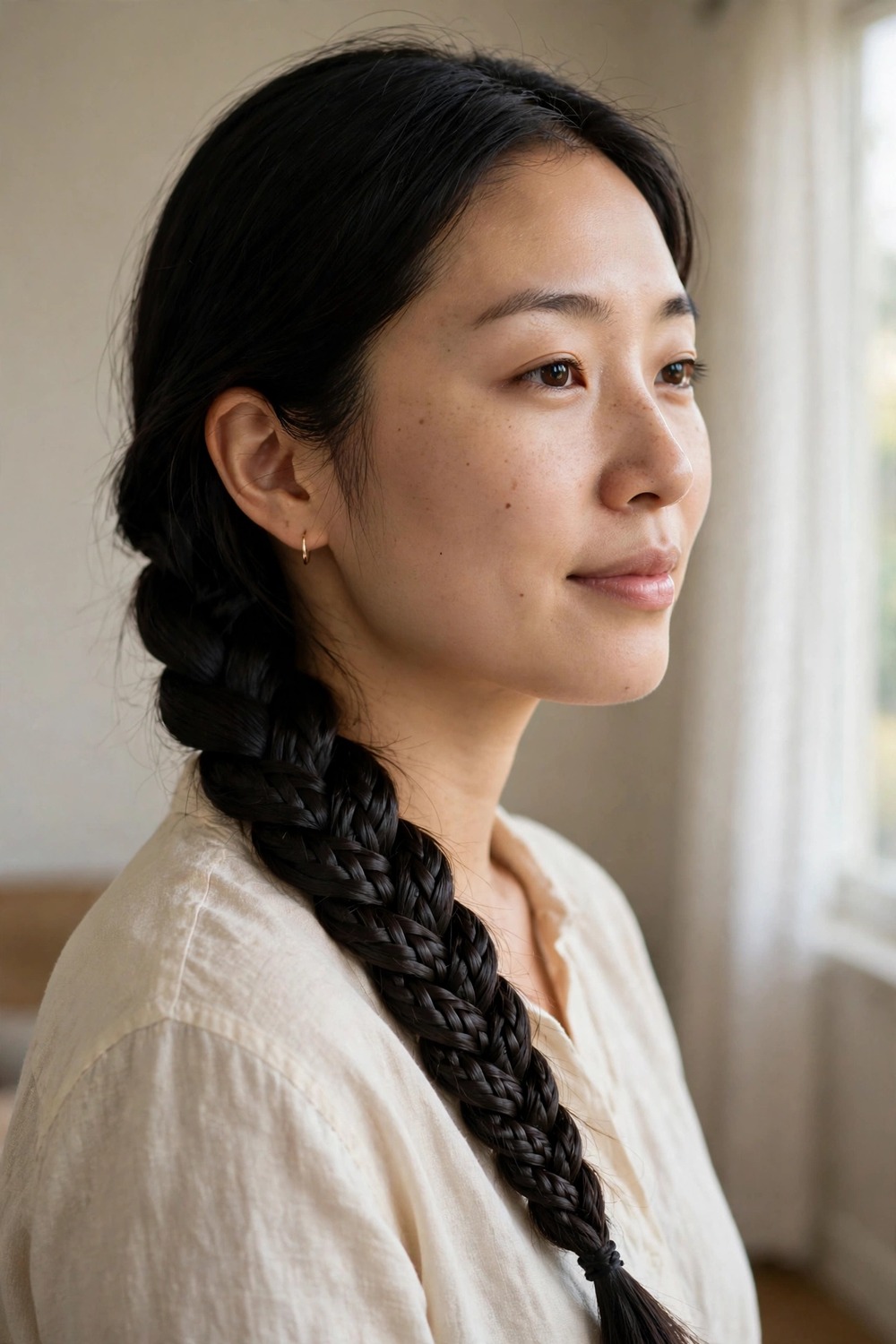 Single fishtail braid worn over one shoulder