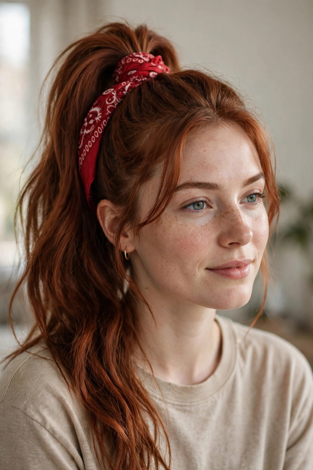 High ponytail tied with a patterned bandana