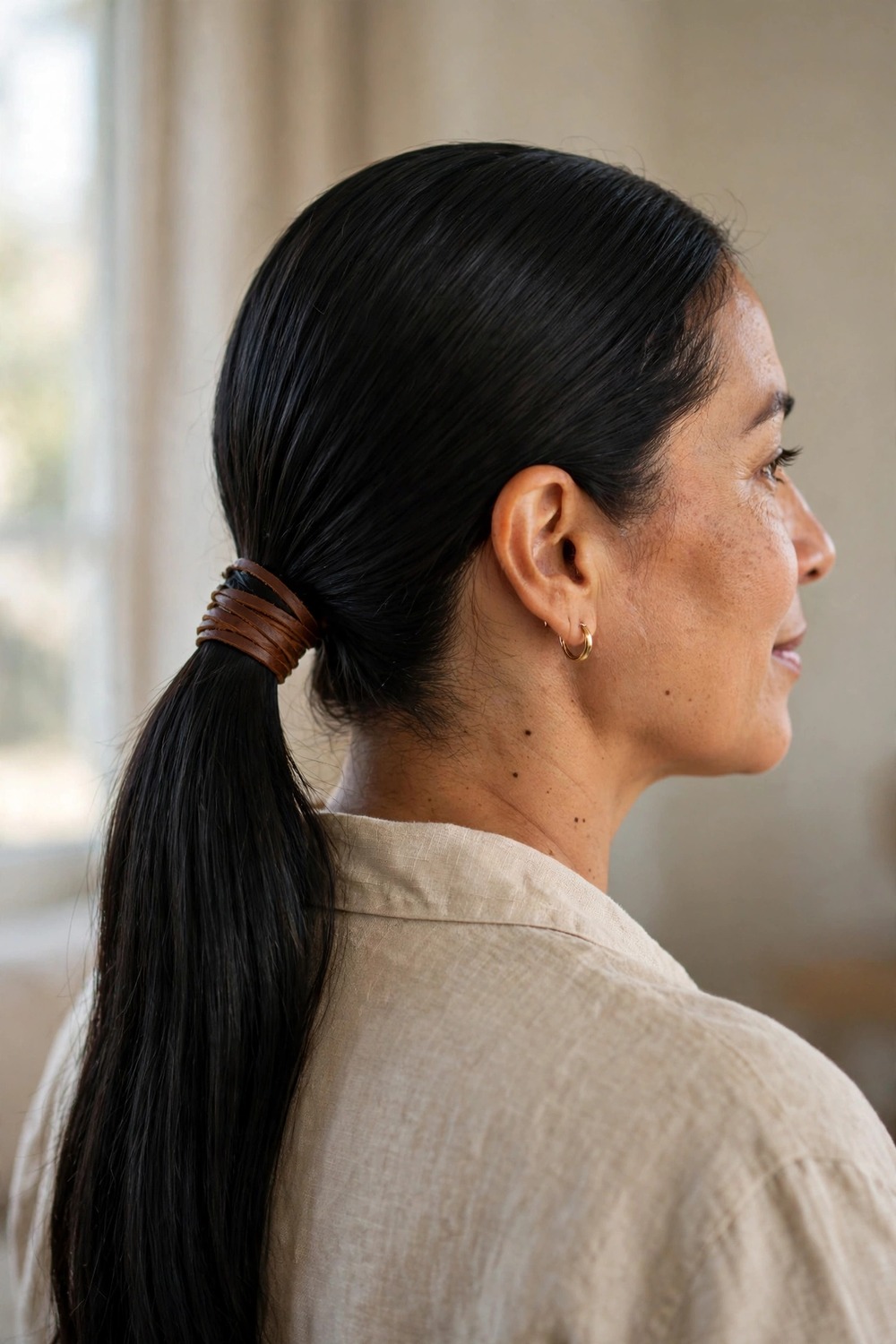Sleek low ponytail tied with a leather cord