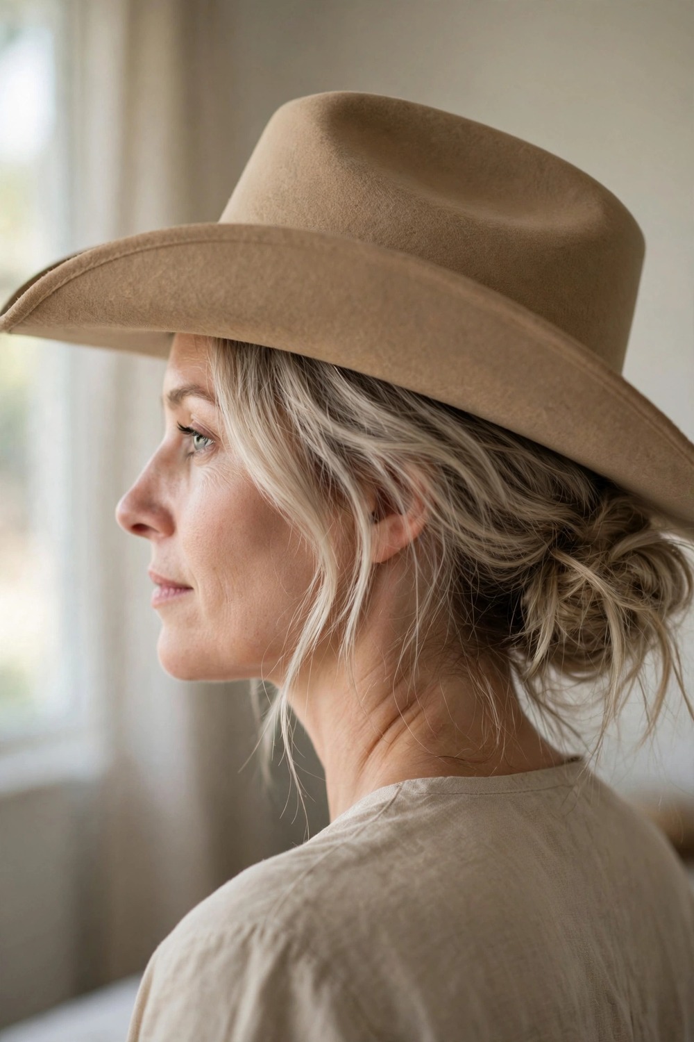Tousled low updo worn under a cowboy hat