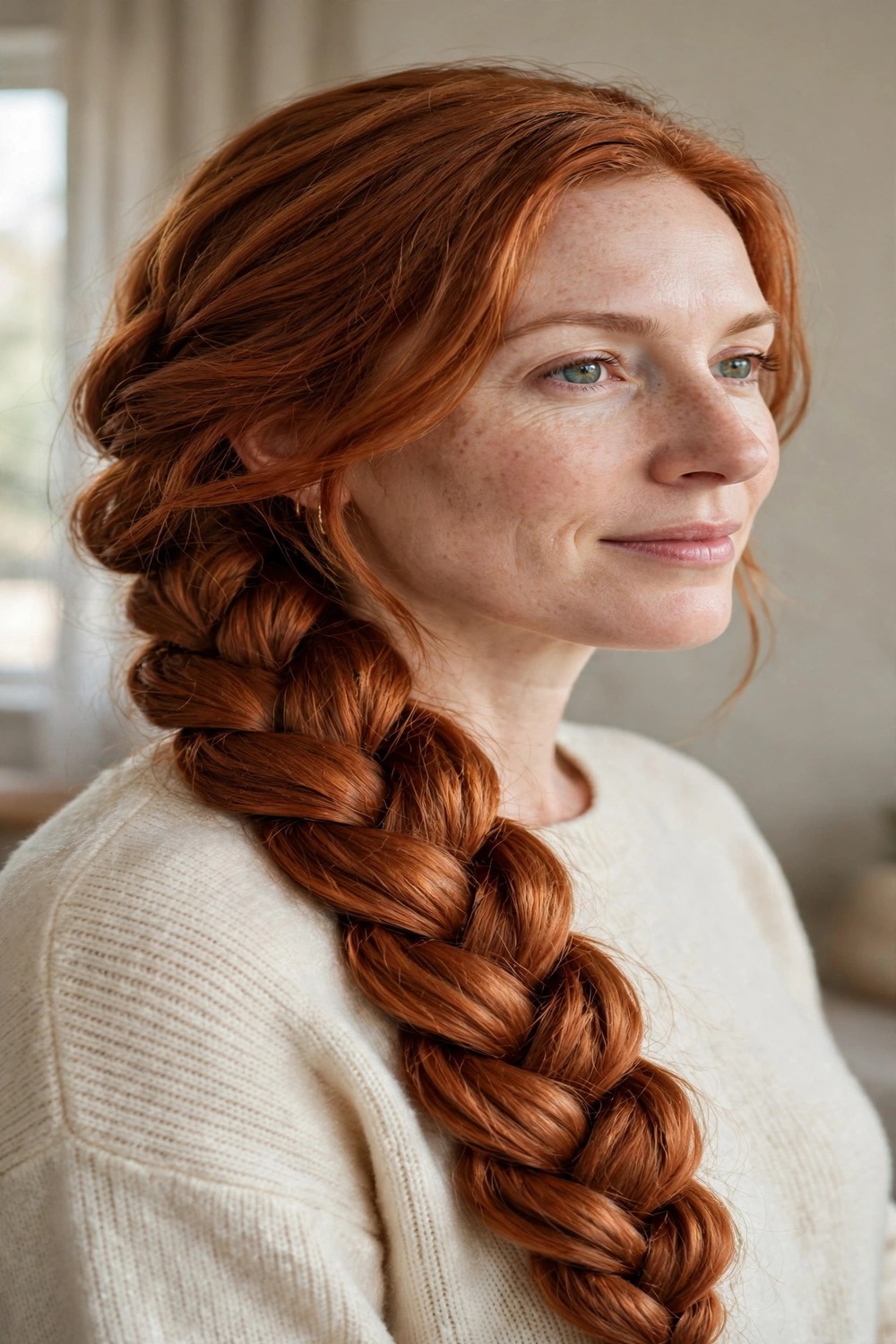 Chunky thick side braid over one shoulder