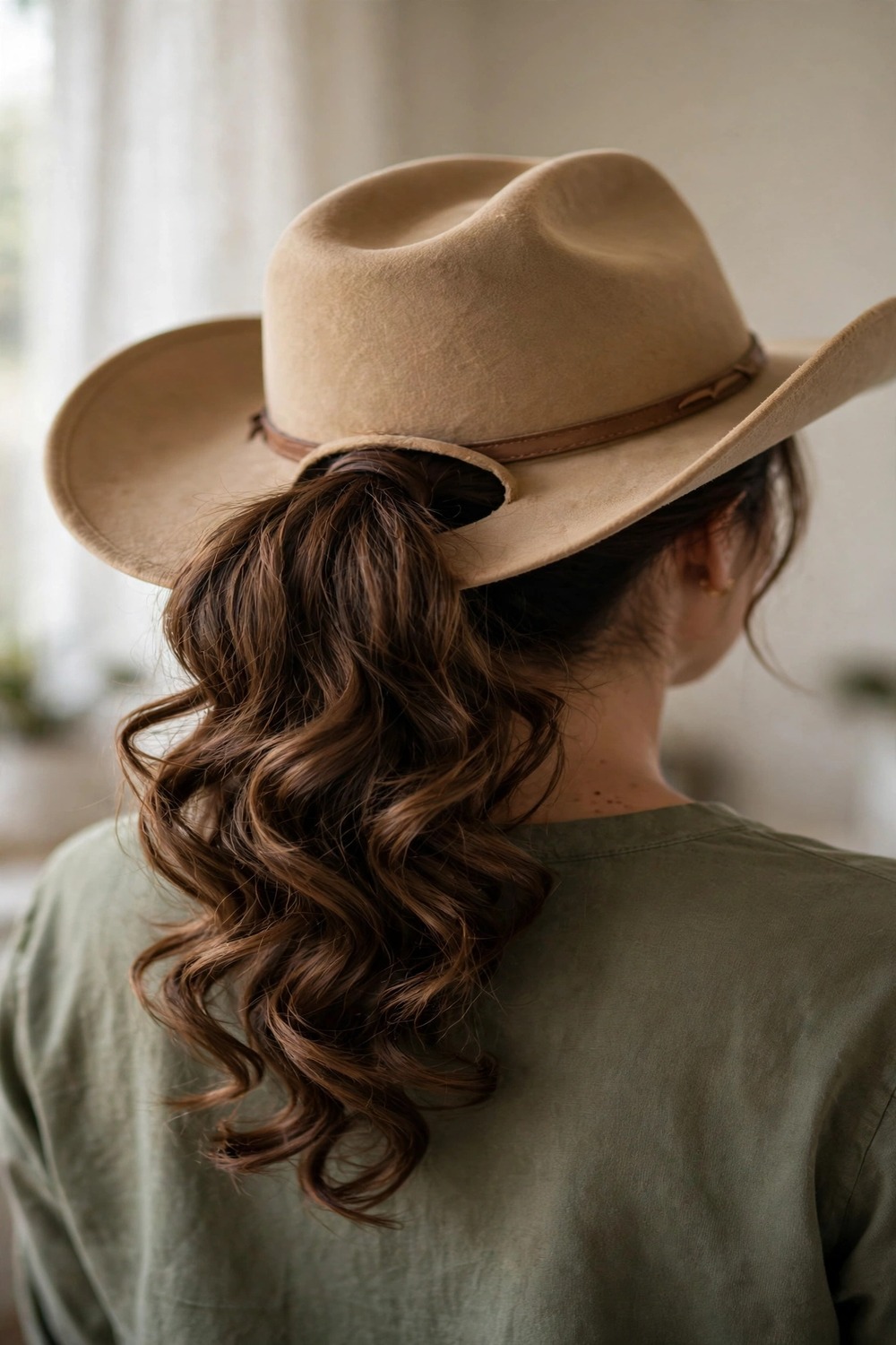 Curled ponytail pulled through the back of a cowboy hat