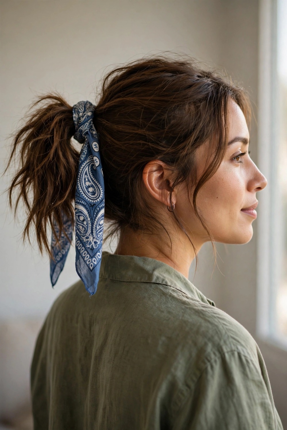 Messy ponytail tied with a bandana