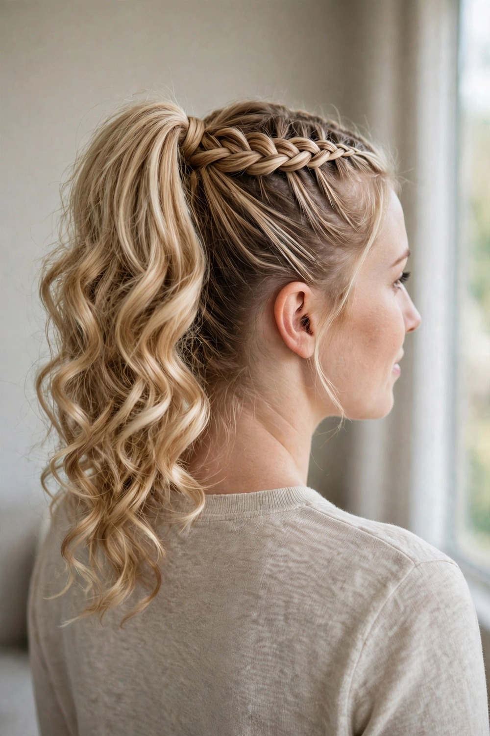 Dutch braid leading into a high ponytail