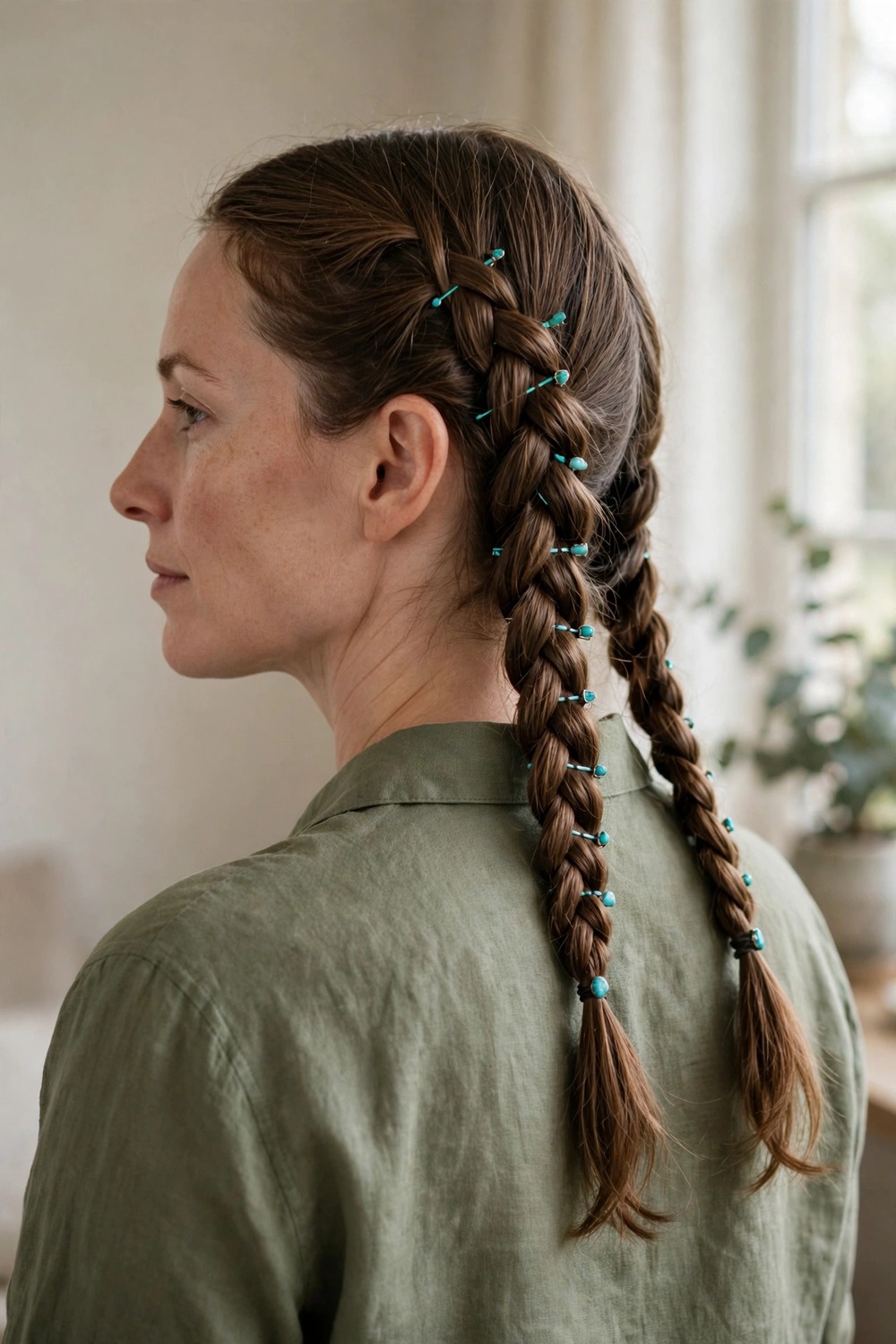 Low braided pigtails decorated with turquoise pins