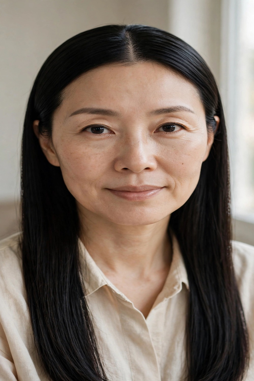 Sleek straight hair with a middle part under a hat